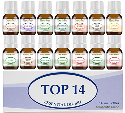 Essential Oil Set 14 - 5 ml Therapeutic Grade 100% Pure Frankincense, Lavender, Peppermint, Rosemary, Orange, Tea Tree, Eucalyptus, Grapefruit, Lemon, Lime, Clove, Spearmint, Lemongrass, Cinnamon