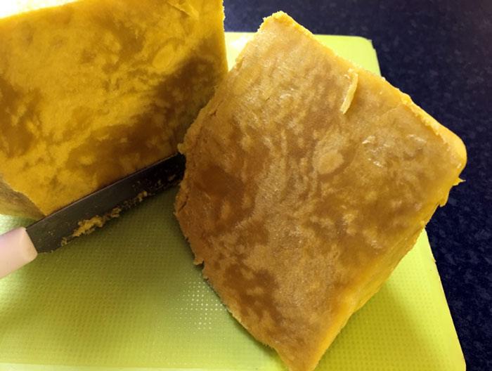 Cutting block of shea butter for homemade whipped shea butter