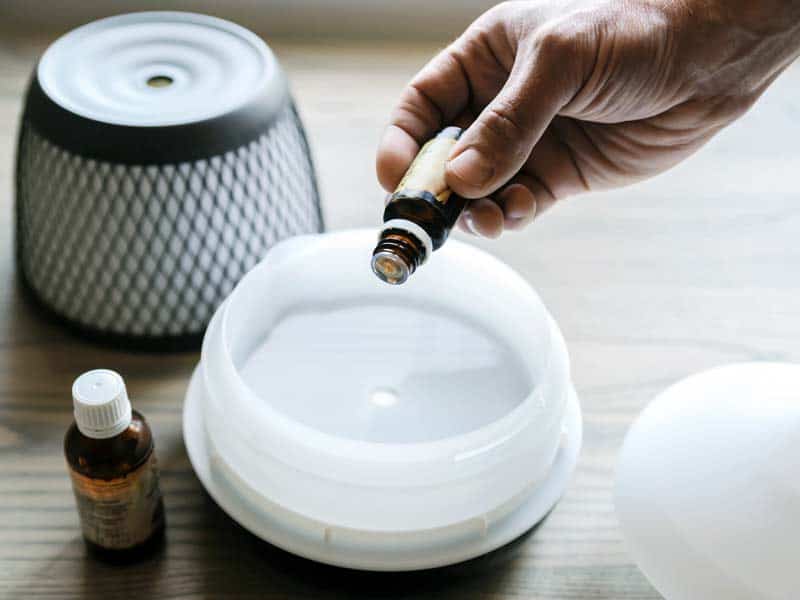 Adding drops of essential oil to diffuser