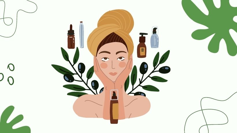 vector graphic of lady with skincare around her