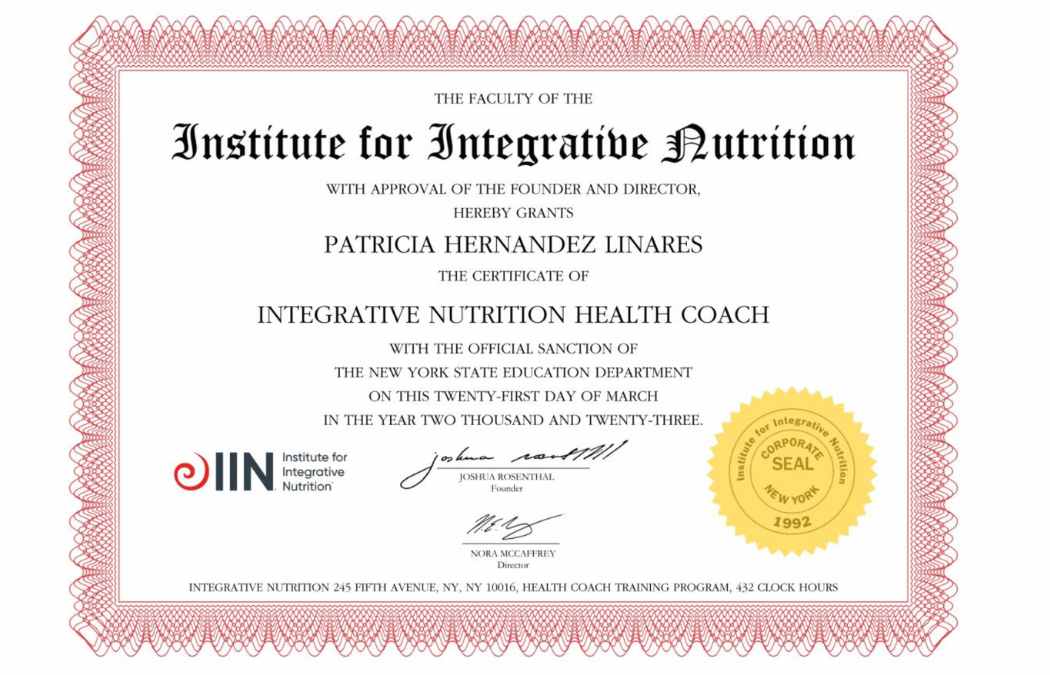 Patri Hernandez Health Coach Institute of Integrative Nutrition Certificate