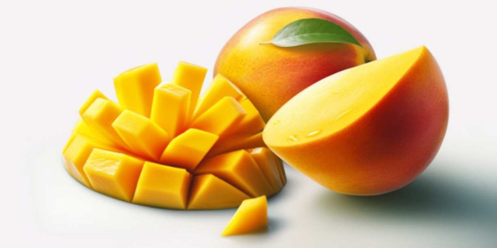 Mango butter skincare article, pieces of mango and a mango in half