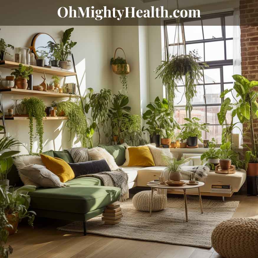 Cosy modern apartment living room filled with diverse indoor plants and natural daylight.