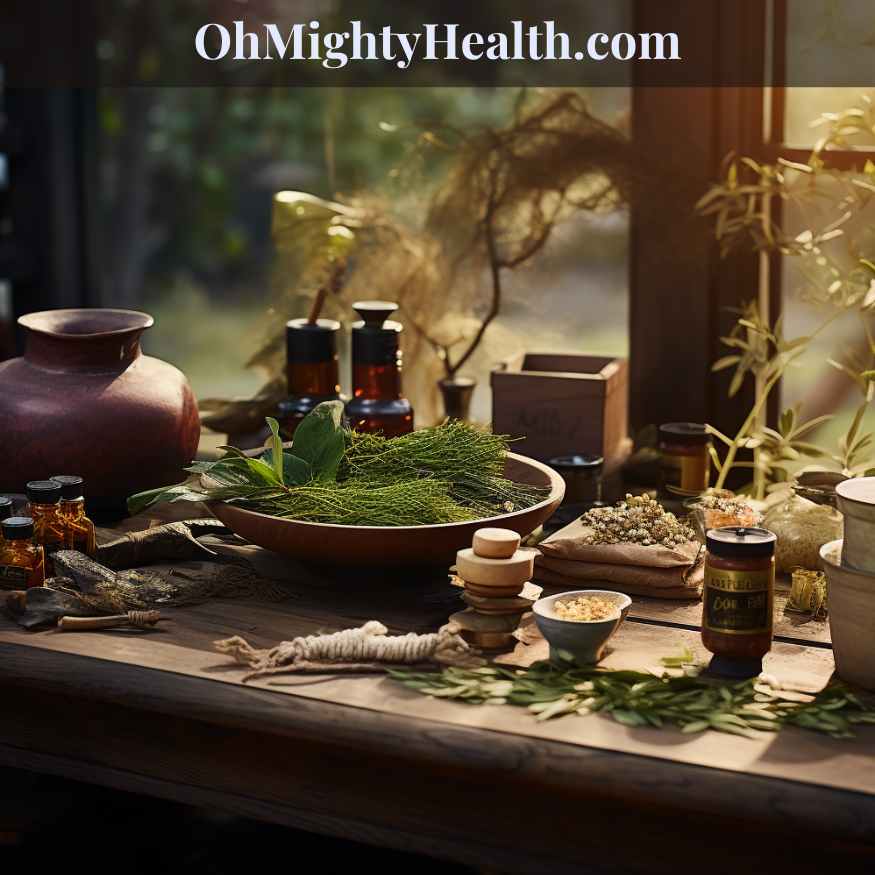 A setting showcasing traditional Chinese medicine and Ayurveda practices with herbal elements.