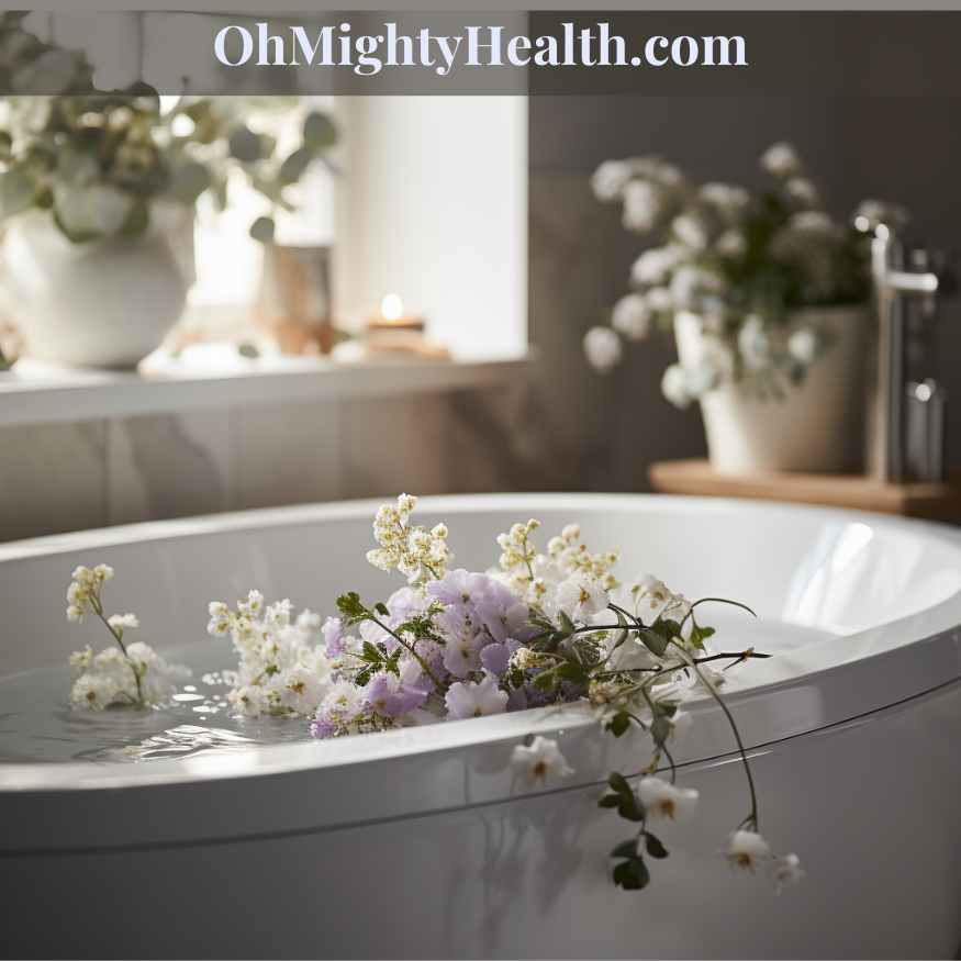 A serene and luxurious bath setup with essential oils, bath salts, and calming candlelight.