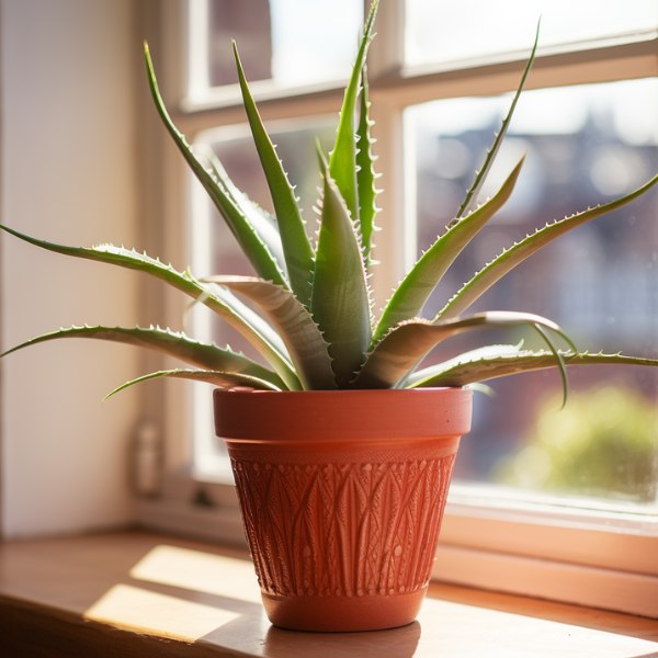 A large, vibrant aloe vera plant, with thick, green leaves, sitting in a terracotta pot placed on a windowsill. The plant is bathed in natural sunlight, highlighting its fresh and healthy appearance.