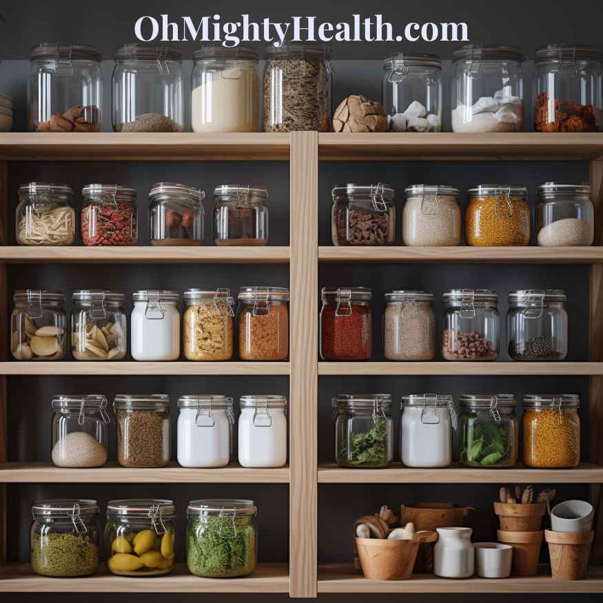 Eco-friendly kitchen storage with glass jars and stainless steel containers.