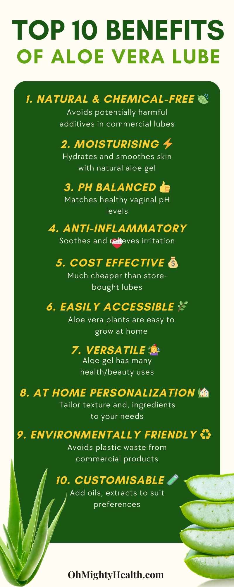 Infographic with icons and text listing the top 10 benefits of using aloe vera gel as a natural, homemade intimate lubricant. Benefits highlighted include being chemical-free, pH balanced, anti-inflammatory, cost effective, customisable, and more.