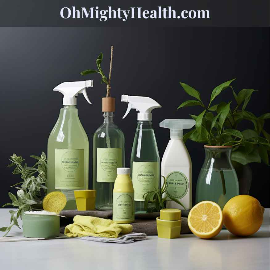 Homemade eco-friendly cleaning products with natural ingredients like vinegar, baking soda, and essential oils.