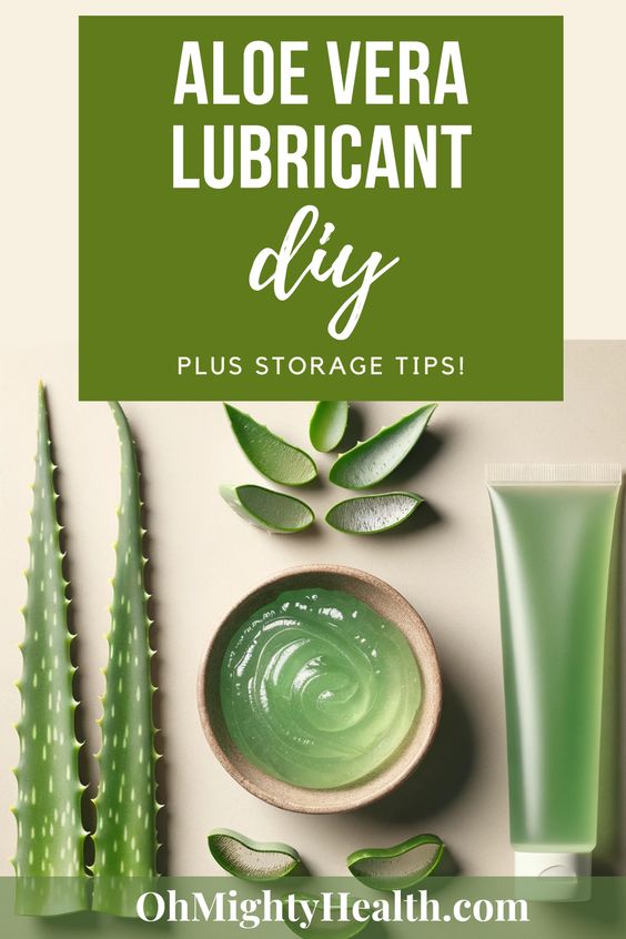 An aesthetically arranged Pinterest pin showcasing natural personal lubricant, featuring a tube of aloe vera-based lube, a small bowl containing the gel, fresh aloe vera leaves, and neatly sliced pieces of the leaf, all artistically laid out to emphasise the natural ingredients of the product.
