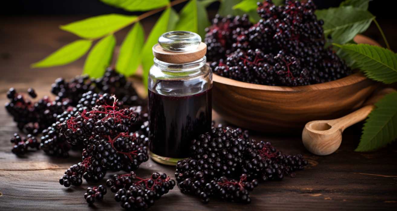 Image showcasing elderberries and elderberry juice in a glass container.