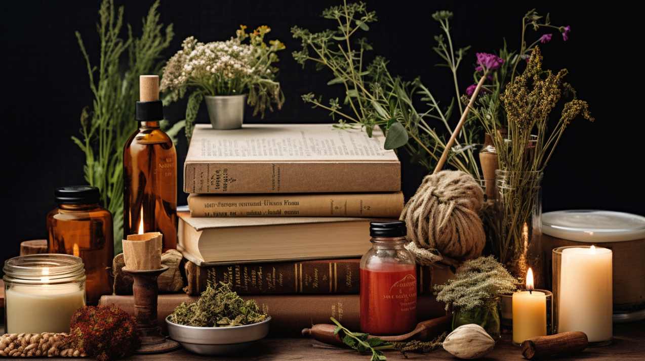 Glossary of benefits of natural ingredients featured image depicting old books and herbs on a desk, vintage feel.
