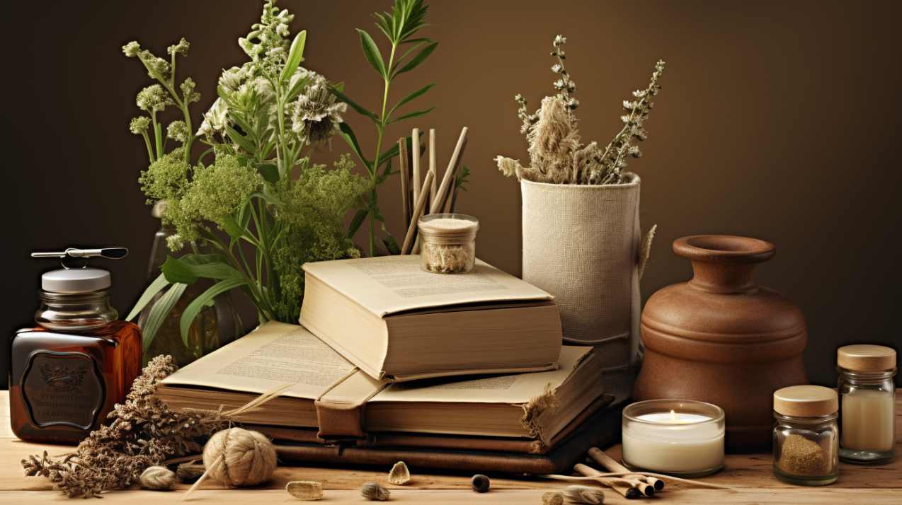 Glossary of benefits of natural beauty and health products featured image depicting old books and herbs on a desk, vintage feel.