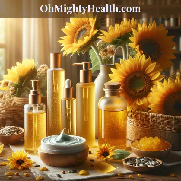 An image depicting skincare products with sunflowers in the background.