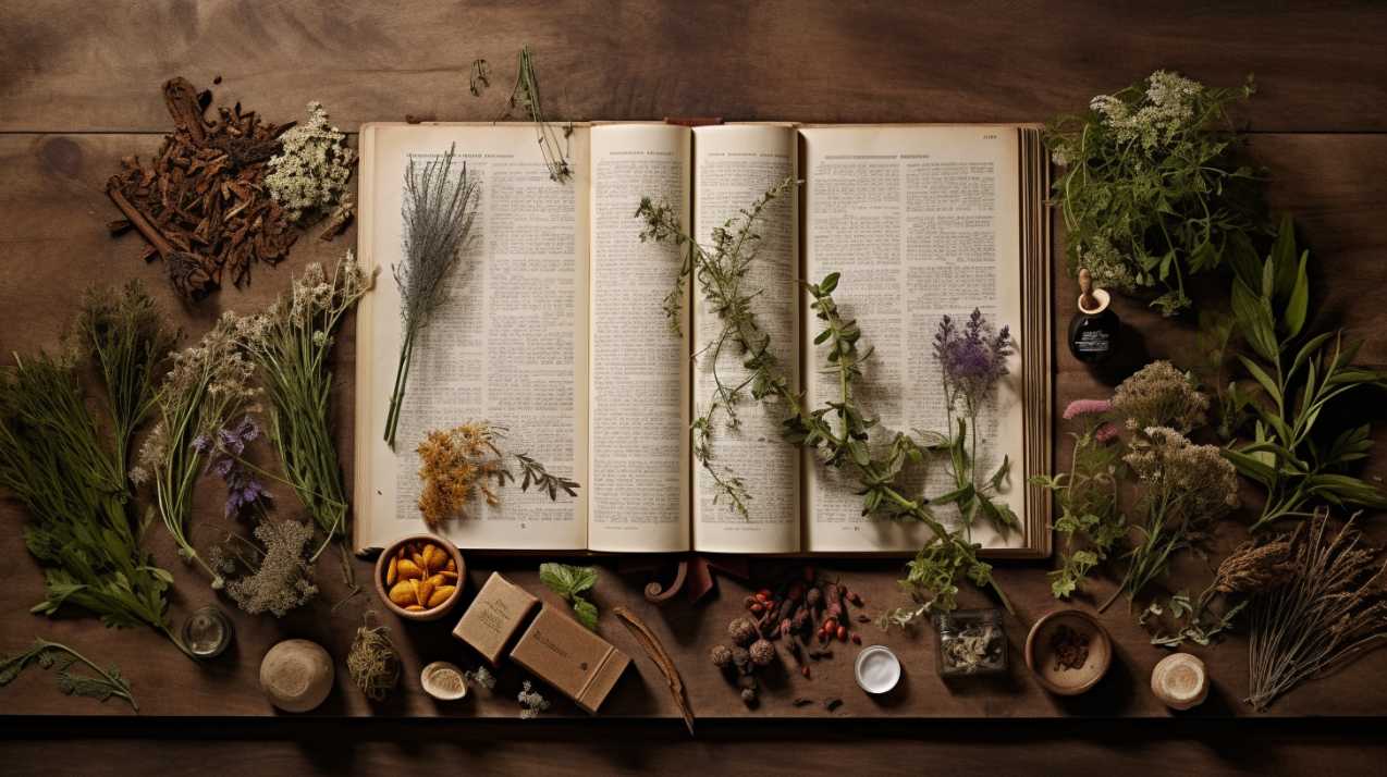 Vintage style book and herbs and other health related natural ingredients.