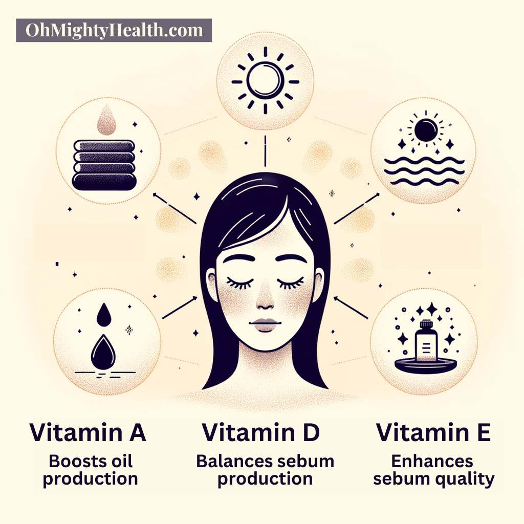 Infographic representation of the benefits of Vitamins A, D, and E on skin health, focusing on sebum production and quality.