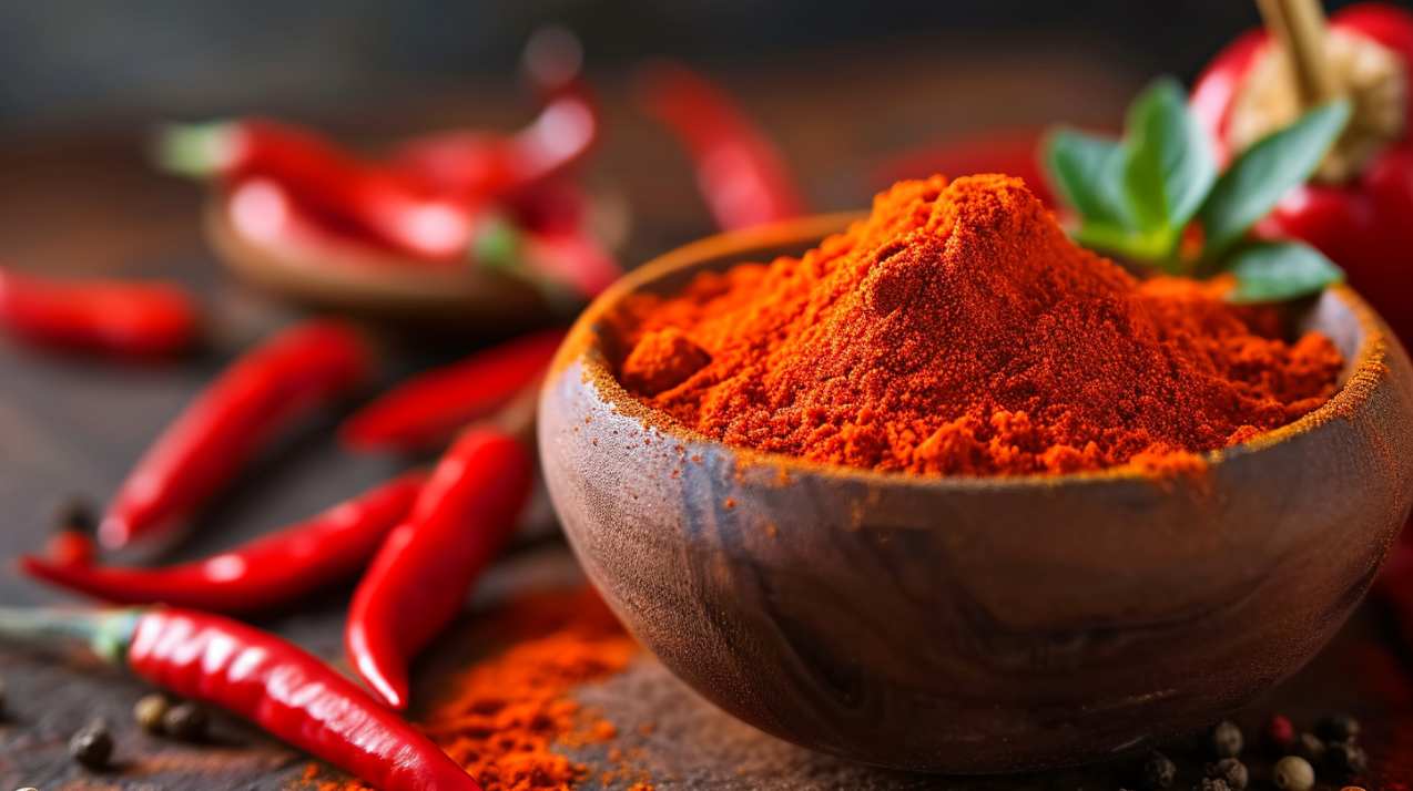 Cayenne pepper pods and powder in a bowl.
