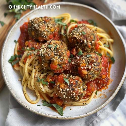 Spaghetti with lentil and hemp seeds meatballs