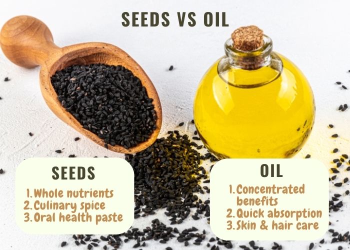 Black seeds vs black seed oil infographic.