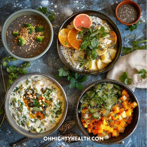 A variety of healthy dishes with hemp seeds and chia seeds.