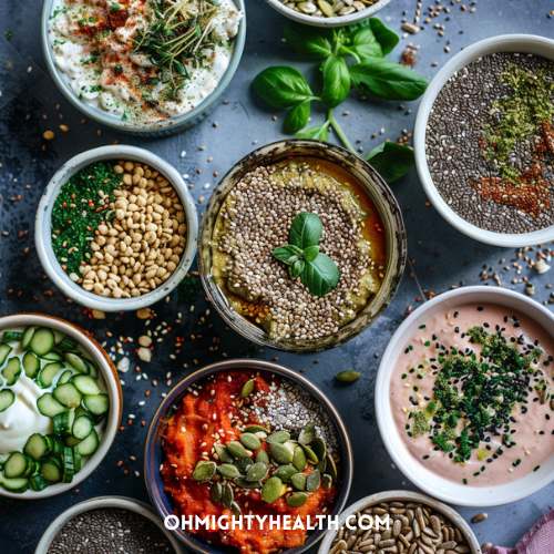 A variety of healthy dishes with hemp seeds and chia seeds.