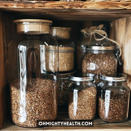 Flax seeds in airtight containers.