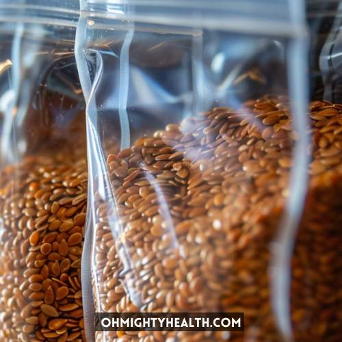Flax seeds in resealable bags.
