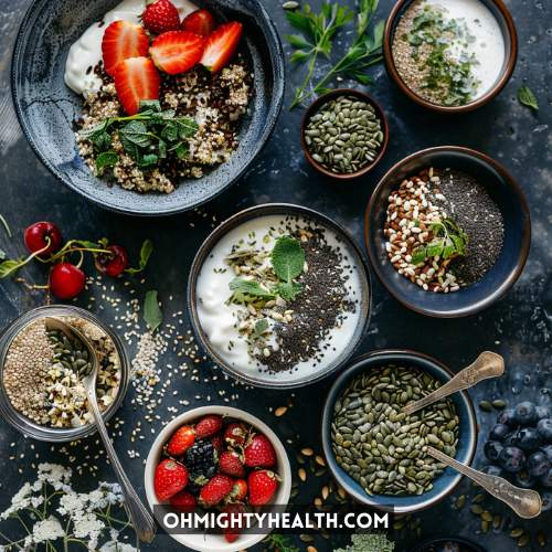 Delicious hemp seeds and flax seeds dishes.