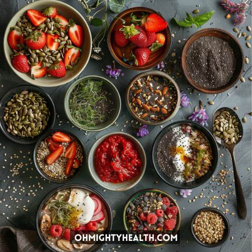 Delicious dishes with hemp seeds and flax seeds.