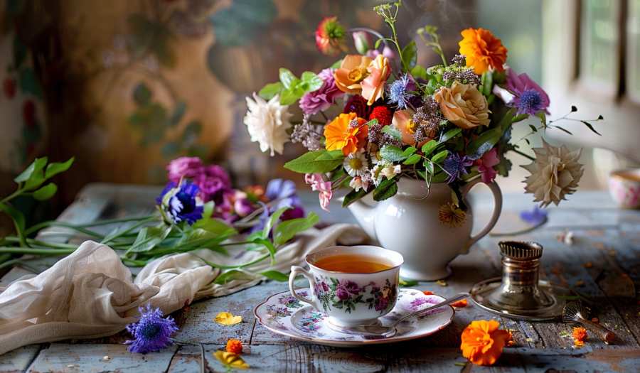Tea pot with herbs and flowers and cup of tea.