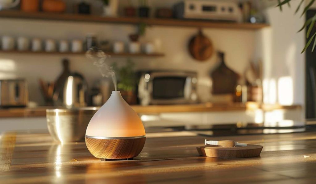 Rosemary essential oil diffuser blend in kitchen.