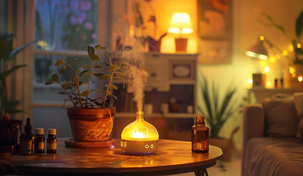 Rosemary essential oil diffuser blend in living room.