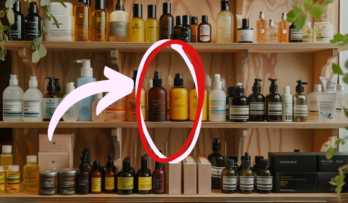 Arrow pointing at skincare products.