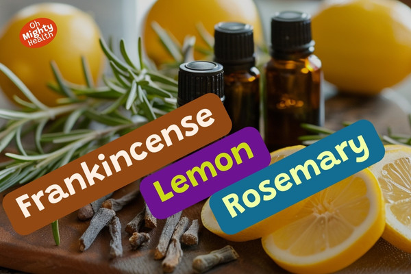 Frankincense, lemon, rosemary essential oils.