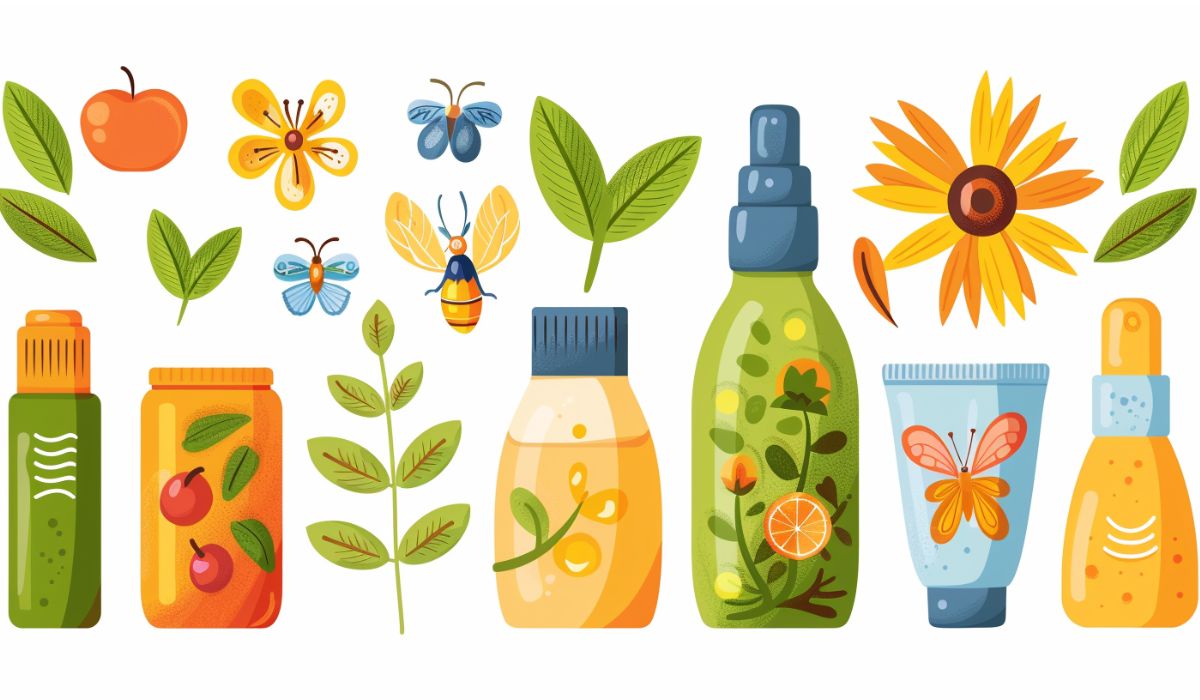 Vector cartoon of skin care solutions for the summer.