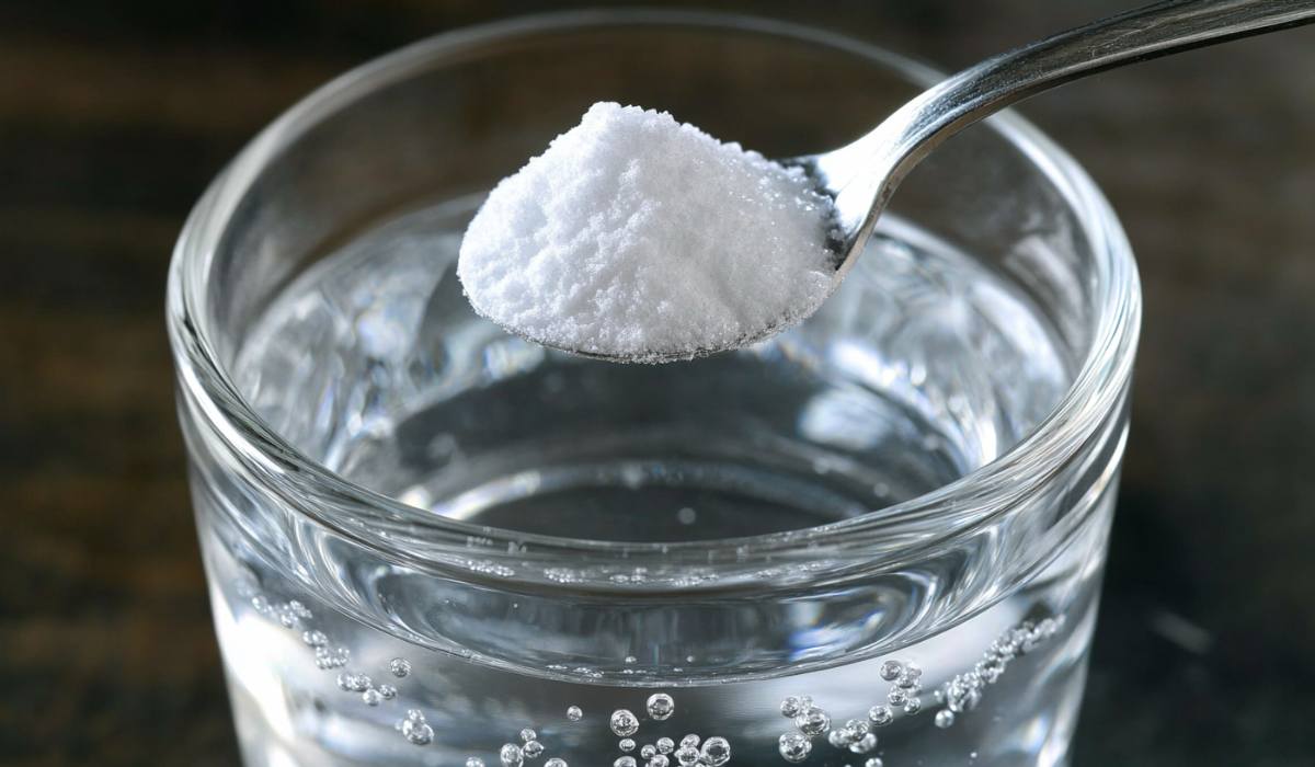 Adding baking soda to a glass of water.