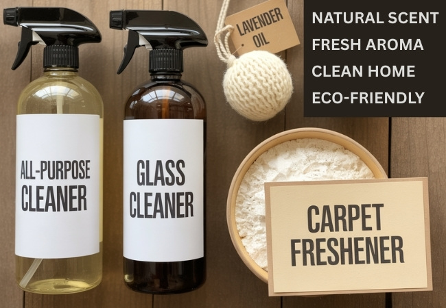 DIY cleaning supplies made with repurposed essential oils including labeled spray bottles for all-purpose and glass cleaner, wool dryer ball with lavender oil tag, and bowl of baking soda carpet freshener mixture on rustic wooden background.