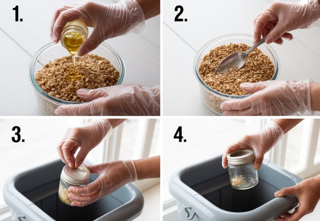 Four-step visual guide showing safe essential oil disposal: hands in gloves pouring oil into bowl with absorbent material, mixing thoroughly with spoon, sealing mixture in glass jar, and placing sealed container in household waste bin.