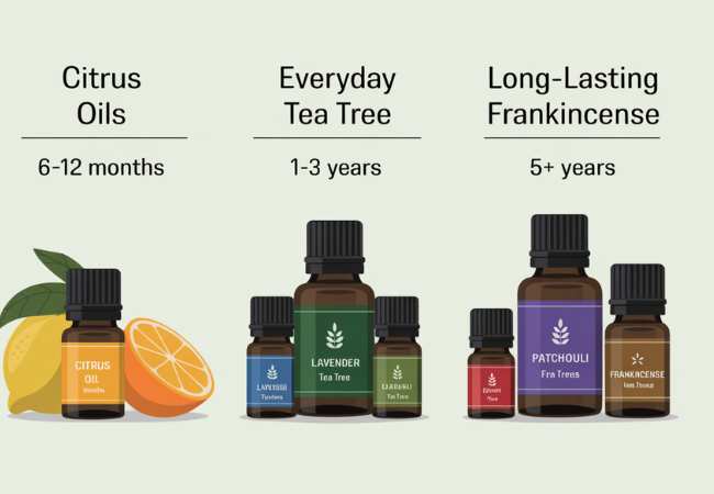 Infographic showing three categories of essential oil bottles with their shelf lives: citrus oils (6-12 months) represented by lemon and orange bottles, everyday oils (1-3 years) shown with lavender and tea tree bottles, and long-lasting oils (5+ years) displayed with patchouli and frankincense bottles.