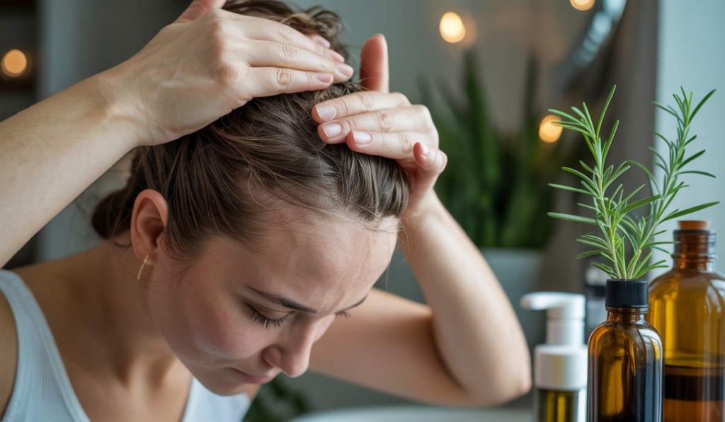 Woman applying hair oil scalp massage