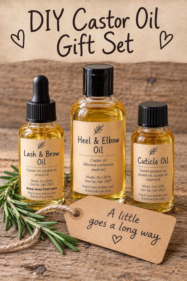 Three labelled DIY castor oil gift bottles on a kraft gift tag