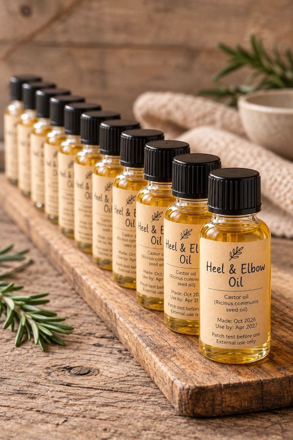 Ten labelled mini castor oil gift bottles in a row next to the large bottle they were filled from