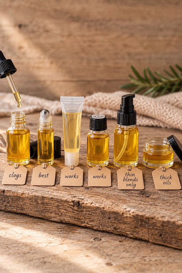 Different bottle types filled with castor oil, from dropper to roller bottle