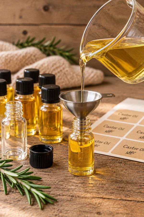 Pouring castor oil through a small funnel into a mini gift bottle