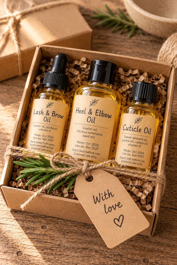 Kraft gift box with three castor oil bottles, twine and a sprig of rosemary
