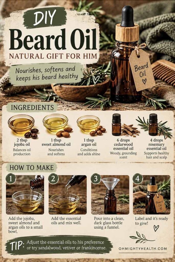 DIY beard oil recipe featuring an amber glass bottle, jojoba oil, argan oil and rosemary in a rustic natural setting, with instructions for making a handmade gift for boyfriend.