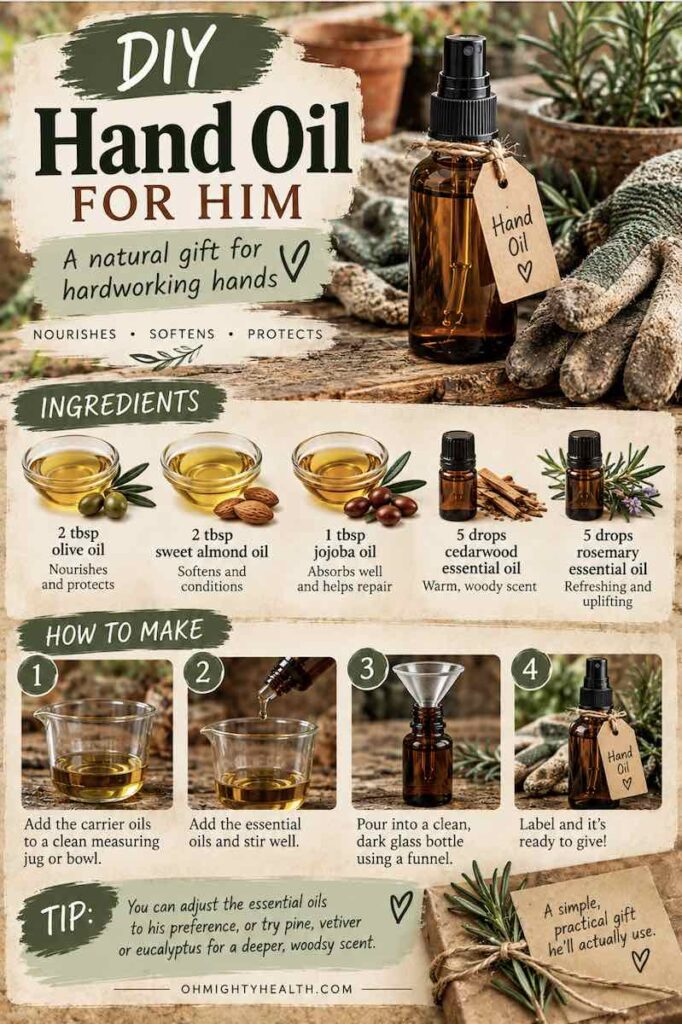 Homemade hand oil recipe using jojoba oil, sunflower seed oil and apricot kernel oil, presented in a glass bottle with rustic botanical styling for a handmade boyfriend gift.