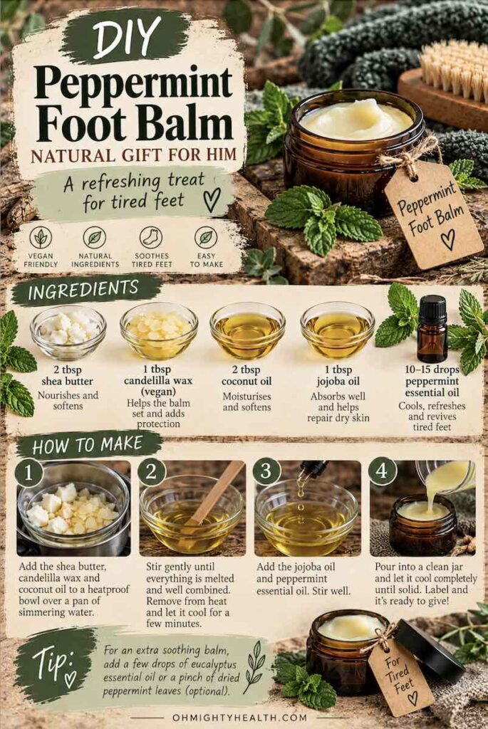 Vegan peppermint foot balm DIY recipe made with shea butter, jojoba oil and plant-based candelilla wax, displayed in a rustic cosmetic tin with mint leaves.