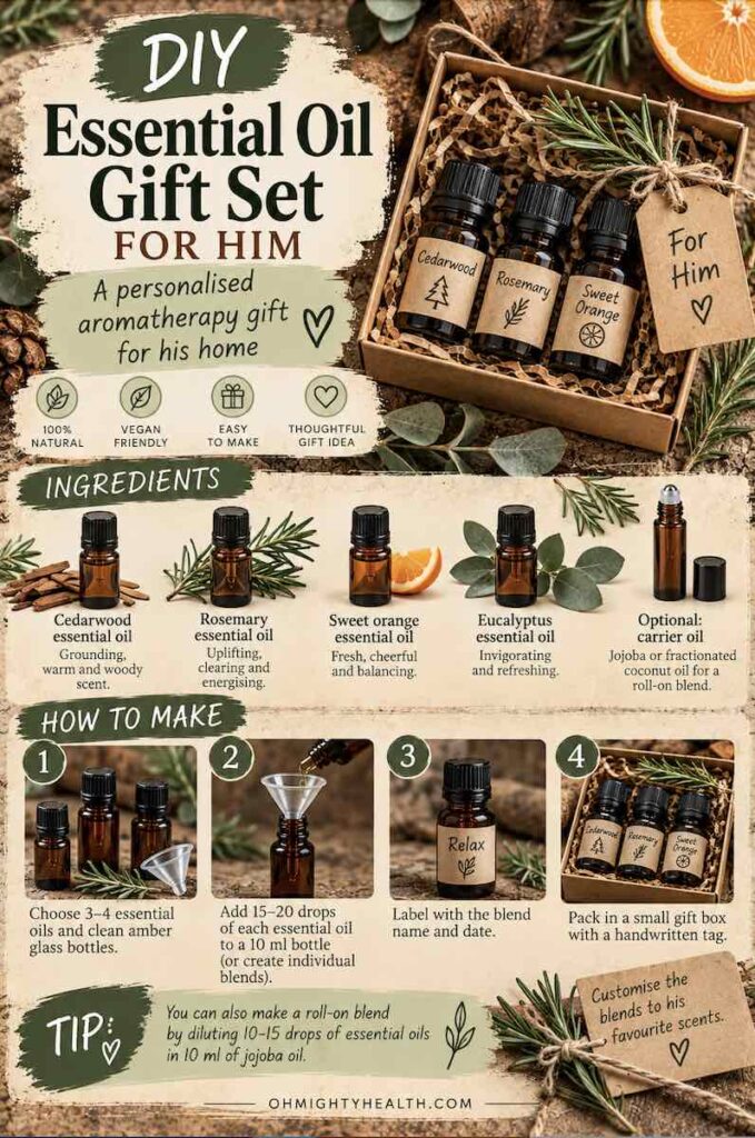 DIY essential oil gift set featuring cedarwood, sweet orange and rosemary essential oils in amber bottles, arranged in rustic gift packaging for a thoughtful handmade gift.
