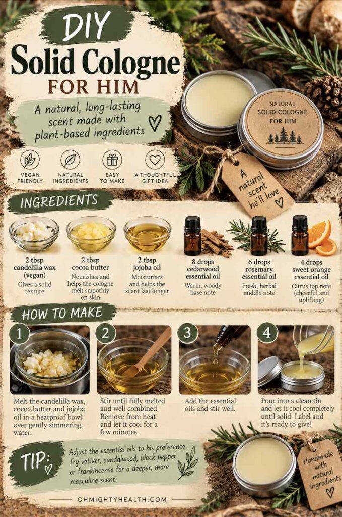 Vegan solid cologne DIY recipe featuring candelilla wax, cocoa butter, jojoba oil and a small fragrance tin, styled with botanical ingredients and rustic natural textures.